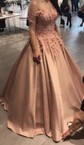 Ball Gown Off-the-shoulder Satin 3D Floral Prom Dresses With Appliques