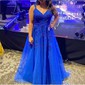 Black Ball Gown V-neck Tulle Prom Dresses With Appliques