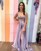 A-line V-neck Satin Corset Prom Dresses With Beading