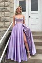 A-line V-neck Satin Corset Prom Dresses With Beading