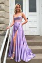 A-line V-neck Satin Corset Prom Dresses With Beading