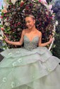 Ball Gown V-neck Tulle Tiered Prom Dresses With Appliques