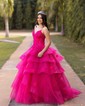 Ball Gown V-neck Tulle Tiered Prom Dresses With Appliques