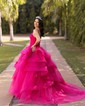 Ball Gown V-neck Tulle Tiered Prom Dresses With Appliques