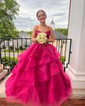 Ball Gown V-neck Tulle Tiered Prom Dresses With Appliques