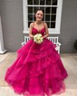 Ball Gown V-neck Tulle Tiered Prom Dresses With Appliques