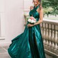 A-line Halter Metallic Sweep Train Prom Dresses With Ruched