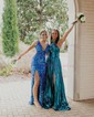 A-line Halter Metallic Sweep Train Prom Dresses With Ruched