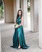 A-line Halter Metallic Sweep Train Prom Dresses With Ruched