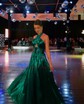 A-line Halter Metallic Sweep Train Prom Dresses With Ruched