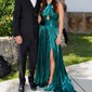 A-line Halter Metallic Sweep Train Prom Dresses With Ruched