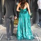 A-line Halter Metallic Sweep Train Prom Dresses With Ruched