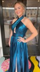 A-line Halter Metallic Sweep Train Prom Dresses With Ruched