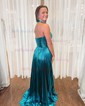 A-line Halter Metallic Sweep Train Prom Dresses With Ruched