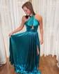 A-line Halter Metallic Sweep Train Prom Dresses With Ruched