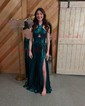 A-line Halter Metallic Sweep Train Prom Dresses With Ruched