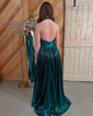 A-line Halter Metallic Sweep Train Prom Dresses With Ruched