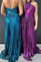 A-line Halter Metallic Sweep Train Prom Dresses With Ruched