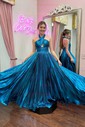 A-line Halter Metallic Sweep Train Prom Dresses With Ruched