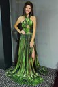 A-line Halter Metallic Sweep Train Prom Dresses With Ruched