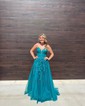 Ball Gown V-neck Tulle Sparkly Prom Dresses With Appliques