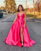 Black Ball Gown V-neck Satin Prom Dresses With Ruched