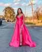 Black Ball Gown V-neck Satin Prom Dresses With Ruched