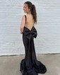 Mermaid Cowl Neck Satin Backless Corset Prom Dresses With Bow