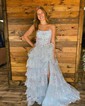 Ball Gown Strapless Tulle Tiered Prom Dresses With Appliques