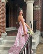 Ball Gown Strapless Satin Floral Prom Dresses With Ruched