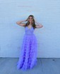 Ball Gown V-neck Tulle Tiered Prom Dresses With Appliques