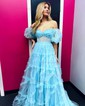 Ball Gown Off-the-shoulder Tulle Ruffle Prom Dresses With Puff Sleeve