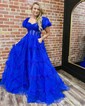 Ball Gown Off-the-shoulder Tulle Ruffle Prom Dresses With Puff Sleeve