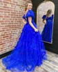 Ball Gown Off-the-shoulder Tulle Ruffle Prom Dresses With Puff Sleeve