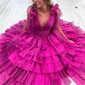 Ball Gown V-neck Tulle Ruffle Tiered Prom Dresses