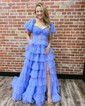 Ball Gown Sweetheart Tulle Puff Sleeve Ruffle Tiered Prom Dresses