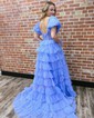 Ball Gown Sweetheart Tulle Puff Sleeve Ruffle Tiered Prom Dresses