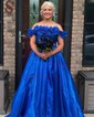 Ball Gown Off-the-shoulder Tulle 3D Floral Prom Dresses With Ruched