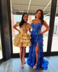 Ball Gown Strapless Satin Tiered Prom Dresses With Beading