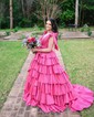 Ball Gown V-neck Taffeta Ruffle Tiered Prom Dresses