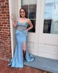 Sheath/Column V-neck Satin Corset Prom Dresses With Beading