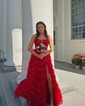 Ball Gown V-neck Tulle Tiered Prom Dresses With Appliques