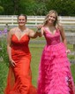 Ball Gown V-neck Tulle Tiered Prom Dresses With Appliques