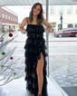 Sheath/Column Square Neck Tulle Tiered Prom Dresses With Appliques