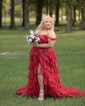 Ball Gown Off-the-shoulder Tulle Tiered Prom Dresses With Appliques