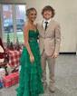 Ball Gown Strapless Chiffon Tiered Prom Dresses With Appliques