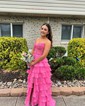 Ball Gown Strapless Chiffon Tiered Prom Dresses With Appliques