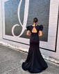 Mermaid V-neck Stretch Crepe Prom Dresses With Puff Sleeve