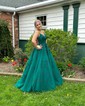Ball Gown V-neck Tulle Prom Dresses With Appliques