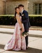 Ball Gown Strapless Satin Floral Prom Dresses With Ruched